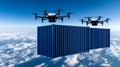 Two combat drones fly above the clouds near large cargo containers in a clear sky Royalty Free Stock Photo