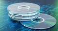 Two compact discs stacked on blue circuit board background with futuristic technological design and blue green gradient lighting Royalty Free Stock Photo