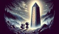 Alien and Robot Encountering Ancient Obelisk at Night