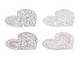 Two complicated mazes in heart shape, labyrinths with red path solutions in isometric view on white Royalty Free Stock Photo