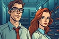 two computer engineer technicians in rack server room web security professionals cartoon illustration Royalty Free Stock Photo
