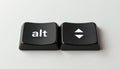 Two computer keyboard keys labeled alt and up down arrows isolated on white background. Close up shows keys for tech commands and Royalty Free Stock Photo