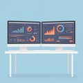 Two computer monitors display colorful data visualizations, including line charts, pie Royalty Free Stock Photo