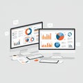 Two computer monitors display colorful data visualizations, including pie charts, bar Royalty Free Stock Photo