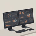 Two computer monitors display data dashboards featuring charts, graphs, and Royalty Free Stock Photo