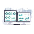 Two computer monitors display data dashboards featuring various charts and graphs, Royalty Free Stock Photo