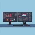 Two computer monitors display data visualizations and analytics dashboards, Royalty Free Stock Photo