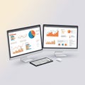 Two computer monitors display data visualizations, including bar charts, line graphs, Royalty Free Stock Photo