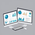 Two computer monitors display various analytics dashboards with pie charts, bar Royalty Free Stock Photo