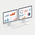 Two computer monitors display various colorful graphs and charts, including bar Royalty Free Stock Photo