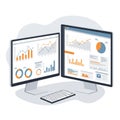 Two computer monitors display various data visualizations, including bar charts, line Royalty Free Stock Photo