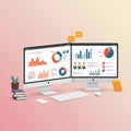 Two computer monitors display various data visualizations, including bar charts, pie Royalty Free Stock Photo
