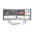 Two computer monitors display various data visualizations, including bar charts, pie Royalty Free Stock Photo