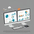 Two computer monitors display various data visualizations, including bar graphs, pie Royalty Free Stock Photo