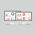 Two computer monitors display various data visualizations, including pie charts, bar Royalty Free Stock Photo