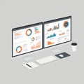 Two computer monitors display various data visualizations, including pie charts, bar Royalty Free Stock Photo