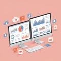 Two computer monitors display various graphs, charts, and data visualizations, Royalty Free Stock Photo