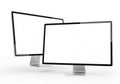 Two computer monitors displaying blank screens isolated on white background Royalty Free Stock Photo