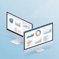 Two computer monitors displaying data dashboards with various graphs and charts. Royalty Free Stock Photo
