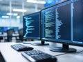 Two computer monitors displaying programming code in a modern office environment with keyboard Royalty Free Stock Photo