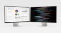 Two computer monitors side by side display contrasting data visualizations with the left screen showing a business analytics Royalty Free Stock Photo