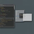 Two computer screens showing different software interfaces. The left screen display Royalty Free Stock Photo