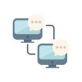 Two computers exchanging messages through network with speech bubbles