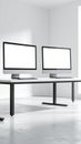 Two Computers on White Desk Minimalist Workspace Office Tech with Copy Space Royalty Free Stock Photo