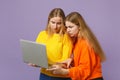 Two concerned young blonde twins sisters girls in vivid colorful clothes hold, using laptop pc computer isolated on Royalty Free Stock Photo