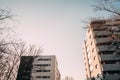 Two Concrete Buildings Among Trees