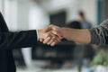 Two confident business man shaking hands during a meeting in the office, success, dealing, greeting and partner concept Royalty Free Stock Photo