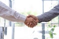 Two confident business man shaking hands during a meeting in the office, success, dealing, greeting and partner concept Royalty Free Stock Photo