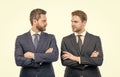 two confident business men in suit cross hands isolated on white, leadership Royalty Free Stock Photo