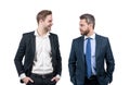 two confident men businessmen in formal suit are business partners isolated on white, partnership