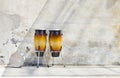 Two congas in front of a vintage wall Royalty Free Stock Photo