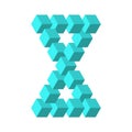 Two connected impossible triangles in turquoise blue. 3D cubes arranged as geometric optical illusion. Reutersvard