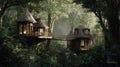 Two connected wooden structures built high in a lush, green, dense rainforest environment Royalty Free Stock Photo
