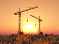 Two construction cranes in a landscape with sunflowers at sunset