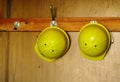 Two construction helmets. Safety helmet engineering construction worker equipment. Royalty Free Stock Photo