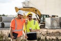 Two construction site workers in helmet work outdoors. Builders workers working on construction site. The job of a Royalty Free Stock Photo