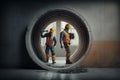 Two construction workers checking concealed pipe fittings of floor at a construction site. Building contractor with worker