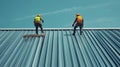 Two Construction Workers on a Metal Roof Royalty Free Stock Photo