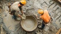 Two Construction Workers Mixing Cement in a Bowl Royalty Free Stock Photo