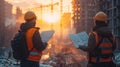 Two construction workers with plans on construction site at sunset