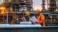 Two Engineers Inspecting Blueprints at Industrial Plant During Sunset Twilight Royalty Free Stock Photo