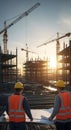 Two construction workers reviewing blueprints at a large building site during sunset Royalty Free Stock Photo