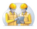 Two construction workers reviewing plans together while wearing safety helmets and yellow uniforms Royalty Free Stock Photo