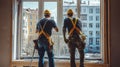 Two construction workers in safety gear installing a large window in a residential building, viewed from behind with Royalty Free Stock Photo