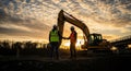 Two construction workers shake hands in front of an excavator at sunset Royalty Free Stock Photo