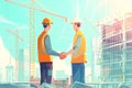 Two construction workers shake hands in front of a large city building under construction Royalty Free Stock Photo